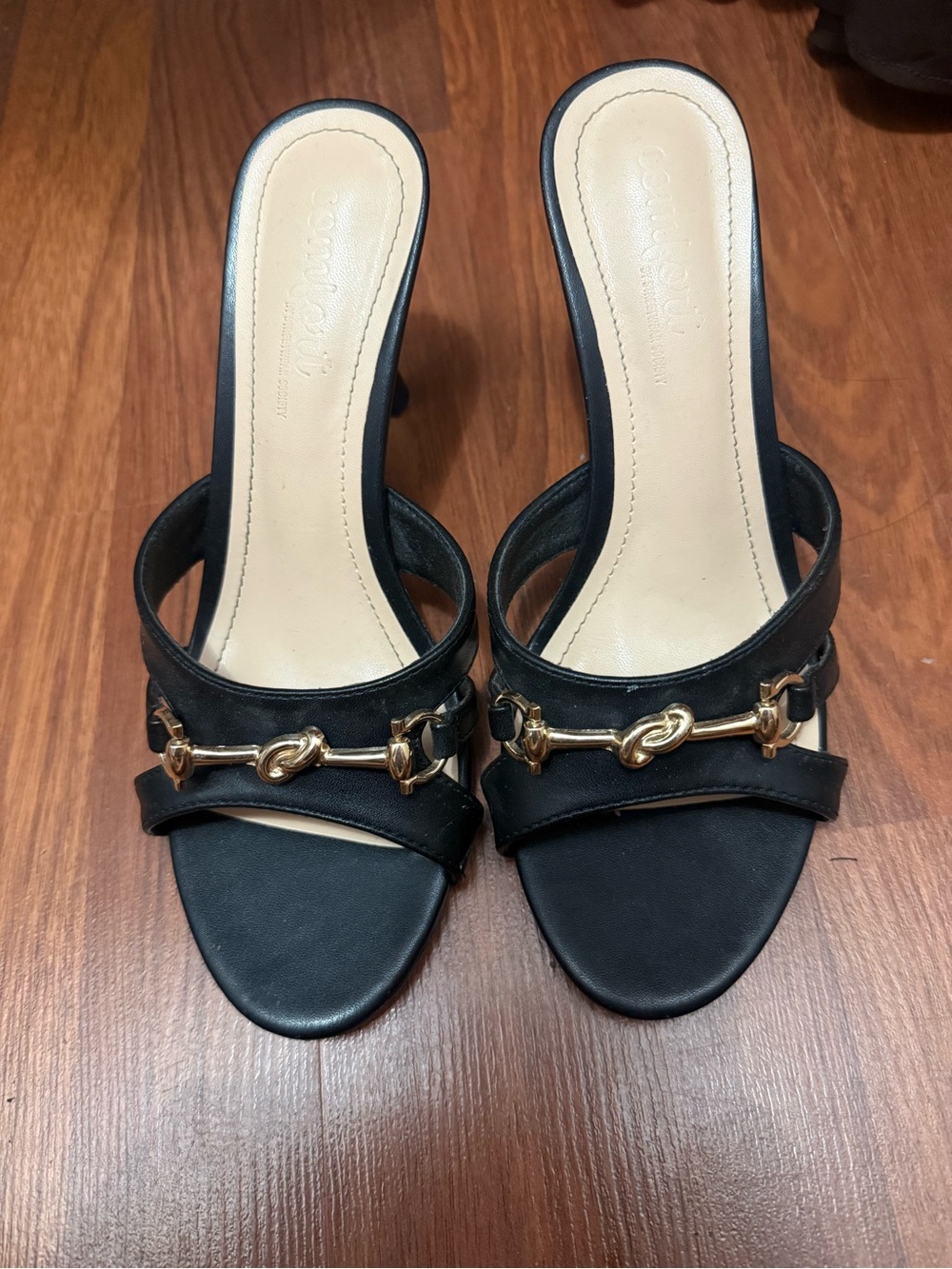 Discovery Black Slide Mules with Gold Bit Accent